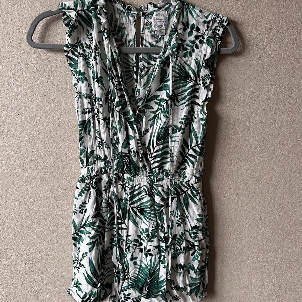 Blue Rain Green Leaf Pattern Romper - image 1